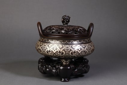 A Rare Bronze Inlaid Silver Tripod Double-Ear Censer?