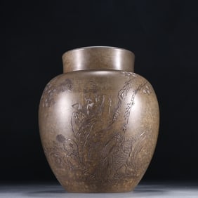 A Rare  Tin Carved Poem Figure Story Pattern Tea Caddy