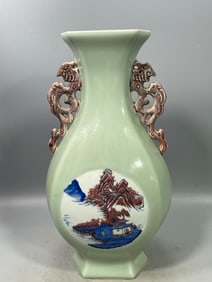 A Rare Bean Green Glazed Landscape Pattern Double-Ears Vase?