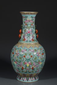 A Rare Famille-Rose Turquoise Flower and Butterfly Pattern Double-Ears Vase?