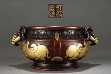 A Rare Gilded Purple Copper Body Sheep-head Ear Censer