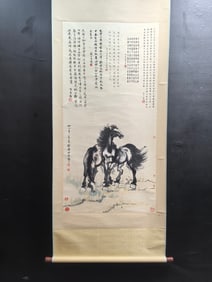 A vertical scroll of Chinese ink horse painting on paper