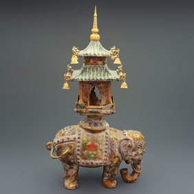 A Rare Bronze Painted Carved Elephant Pagoda
