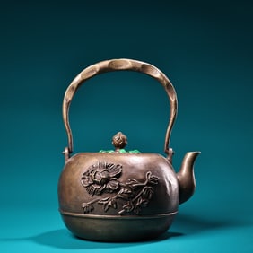 A Rare Coppery High Relief Carved Teapot