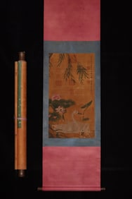 A Chinese ink silk lotus painting hanging scroll