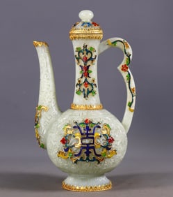 A Rare Hetian jade with Gold Wrapping Inlaid Gems Ewer