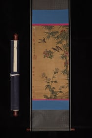 A Chinese Vertical Scroll Ink Painting of flower and bird on Silk