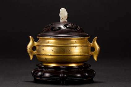 A Rare Gilt Bronze Double-Ears Censer