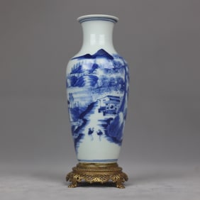 A Rare Blue and White Copper Inlaid Landscape Pattern Vase?