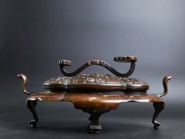 A Rare Red Copper Gold-Splashed Double-Ears Incense Censer