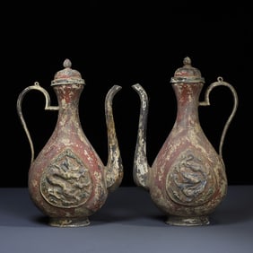 A pair of Rare Bronze Painted Carved Dragon Pattern Wine Ewers
