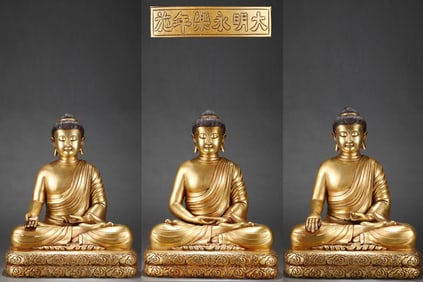 A Set of Rare Gilded Purple Copper Body Three Buddhas of the Three Periods Seated Statues