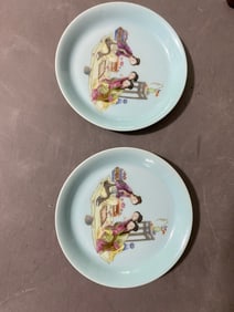 A pair of Rare  Turquoise Ground Famille-Rose Character and Story Patterns Plates