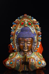 A Rare Ox Bone Cloisonne Inlaid Gems Dzi Bead Statue of Sakyamuni