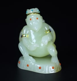 A Rare Hetian jade with Gold Wrapping Inlaid Gem Figure Ornament