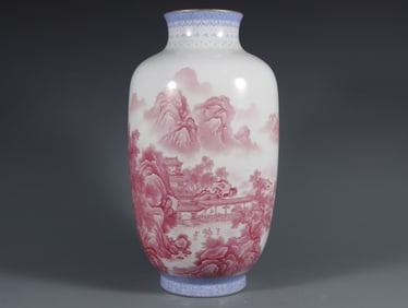 A Rare Palace Pink Ground Enamel Landscape and Character Patterns Vase