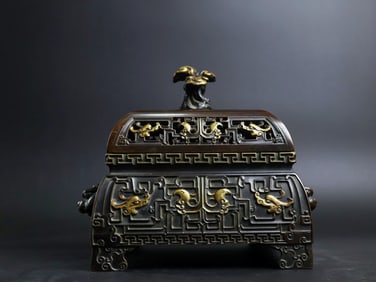 A Rare Red Copper Relief Carved and Gilt Incense Censer
