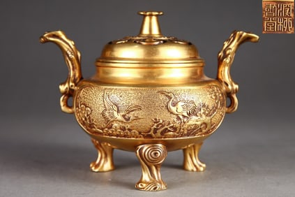 A Rare Gilded Purple Copper Body Pine and Crane Pattern Tree Root Ear Censer