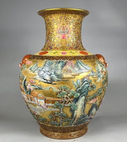 A Rare Enamel Carved Gold Ground Lotus and Landscape Pattern Double-Ears Vase