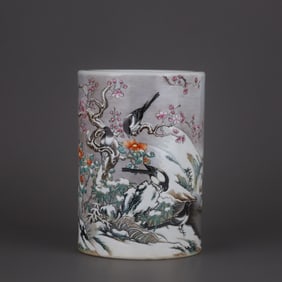 A Rare Enamel Flower Bird Pattern Brush Pot