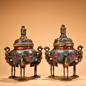 A pair of Rare Cloisonne High Relief Carved and Gilded Censers
