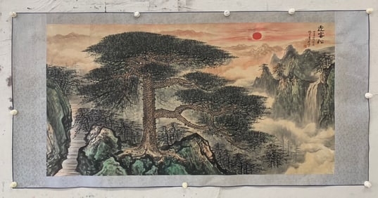 A Chinese Vertical Scroll Ink Painting of Landscape on Silk