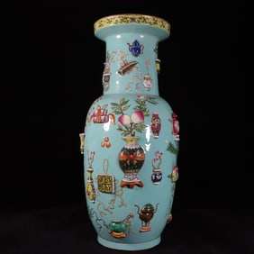 A Rare Famille-Rose Turquoise Glaze Ground Bogu Pattern Vase?