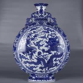 A Rare Blue and White Dragon and Phoenix Pattern Double-Ears Vase