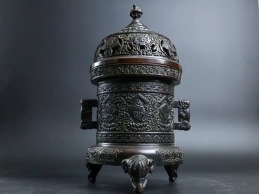 A Rare Red Copper Relief Carved Double-Ears Censer