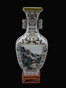 A Rare Famille-Rose Gold-Outlined Lotus Landscape and Pavilion Pattern Vase