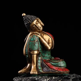 A Rare Coppery Inlaid Gem Statue of Sakyamuni