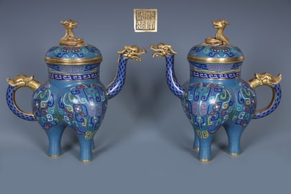 A Rare A Pair of Bronze Cloisonne Beast-Face Pattern Dragon-Head Ewer