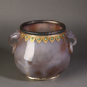 A Rare Agate Gilt Inlaid Gems Double-Ear Vase?