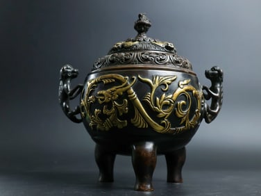 A Rare Red Copper Relief Carved and Gilt Beast-Ears Censer