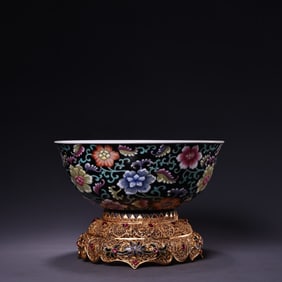 A Rare Famille-rose Enamel Bowl with Pure Silver Gilt Silver Gilded Base