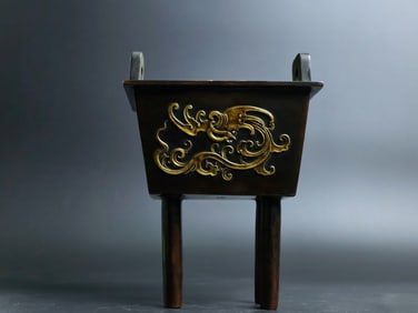 A Rare Red Copper Relief Carved and Gilt Ding Censer
