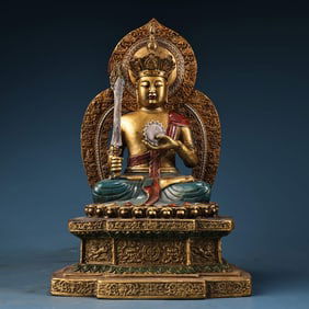 A Rare Coppery High Relief Carved, Painted and Gilded Buddha Statue
