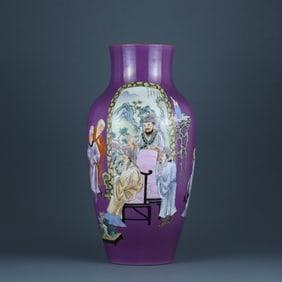 A Rare Purple Glazed Famille-Rose Figure Story Pattern Vase