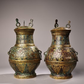 A pair of Rare Gold-rubbed Bronze Vases-With Inscription
