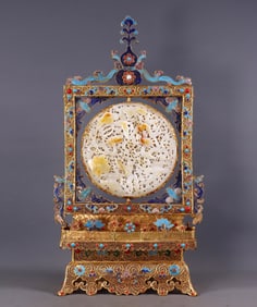 A Rare Filigree Gilt Silver Inlaid Hetian jade Hollow-carved Revolving Screen
