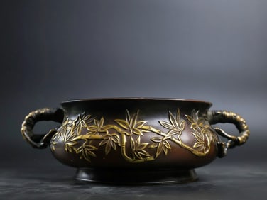 A Rare Red Copper Relief Carved and Gilt Bamboo-Ears Censer
