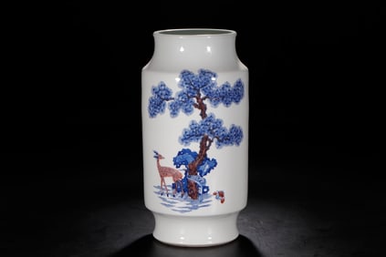 A Rare Blue and white underglaze-red landscape deer pattern vase
