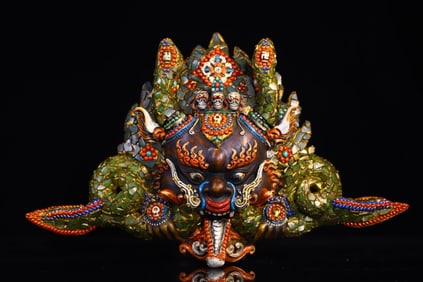 A Rare Ox Bone Cloisonne Inlaid Gems Dzi Bead Statue of Garuda