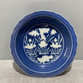 A Rare Sprinkled Blue Glaze Fish Algae Pattern Plate