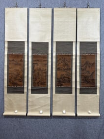 A Set of Chinese Vertical Scroll Ink Paintings of Landscape on Silk