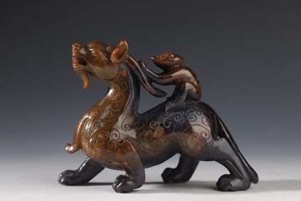 A Rare Hetian Ancient Jade Carved Auspicious Beast Ornament