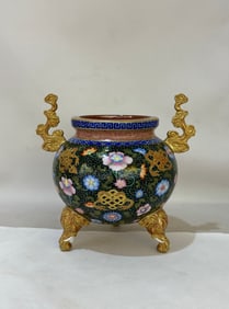 A Rare Purple-Gold Glaze Enamel Black Ground Gold-outline Flower Pattern Censer