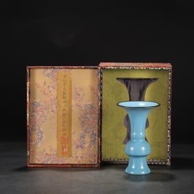 A Rare Ru yao Azure Glazed Ice Flake Pattern Silver Mouth Vase with an Imperial Poem by Emperor
