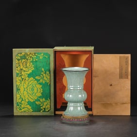 A Rare Guan yao Celadon Glazed Silver Mouth Vase with an Imperial Poem by Emperor Qianlong