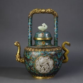A Rare  Cloisonne Enamel Inlaid Hetian Jade Beam Pot